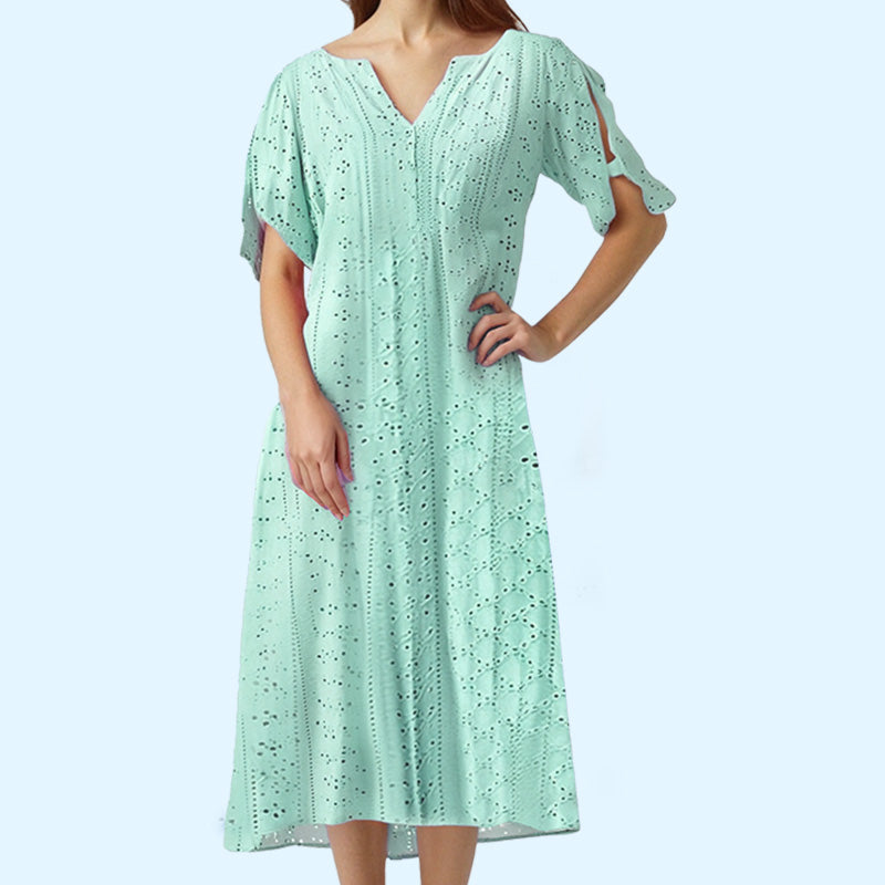 ⏰Begränsad tid 50% rabatt🌸 Elegant klänning med V-ringning och broderie anglaise för dam