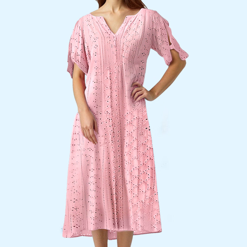 ⏰Begränsad tid 50% rabatt🌸 Elegant klänning med V-ringning och broderie anglaise för dam