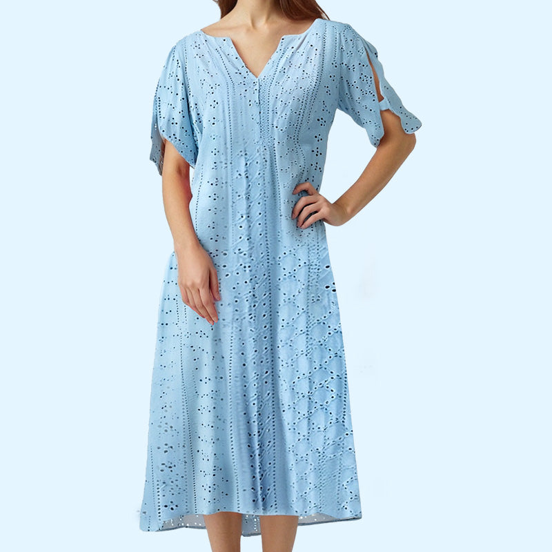 ⏰Begränsad tid 50% rabatt🌸 Elegant klänning med V-ringning och broderie anglaise för dam