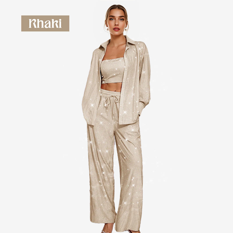 ✨Paljettblazer och vida byxor för kvinnor (3-delat set)