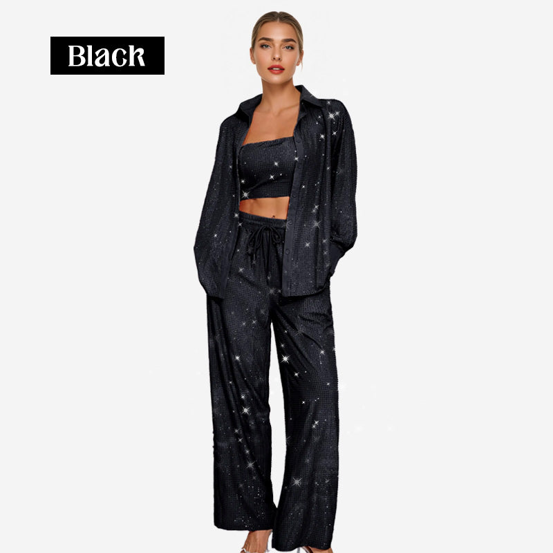 ✨Paljettblazer och vida byxor för kvinnor (3-delat set)