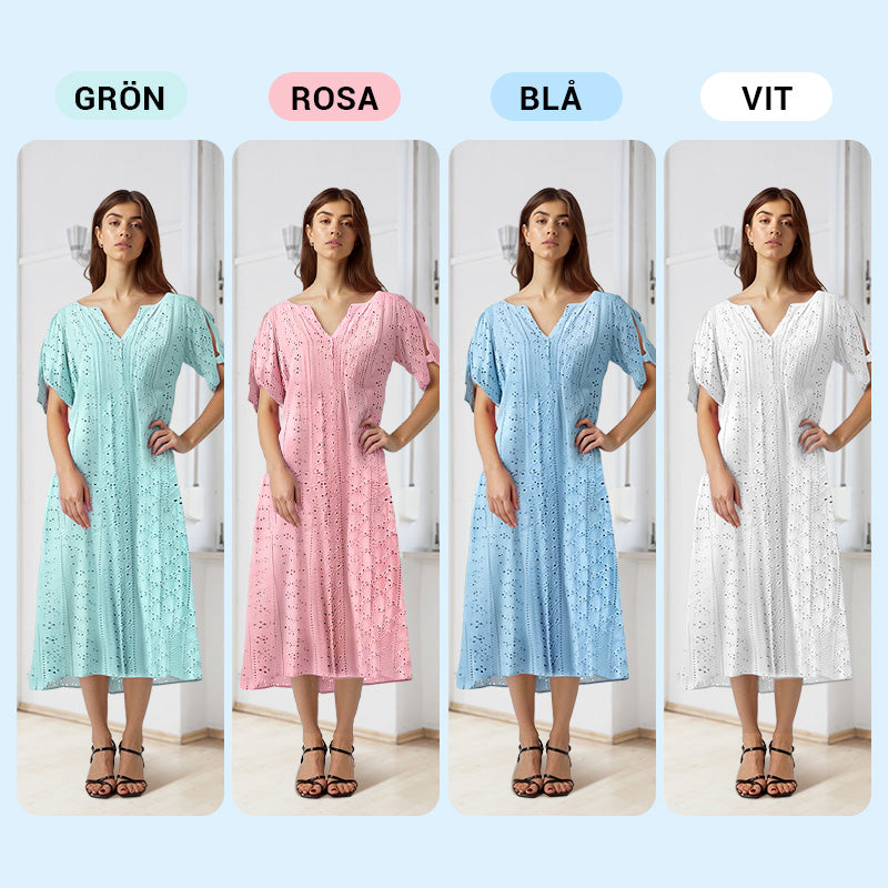 ⏰Begränsad tid 50% rabatt🌸 Elegant klänning med V-ringning och broderie anglaise för dam