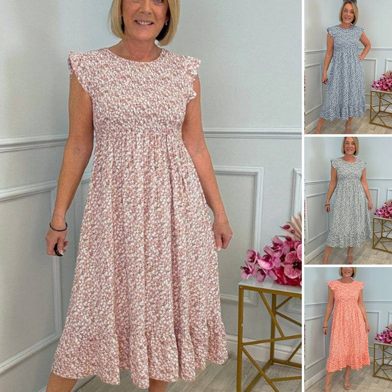 💃 Elegant blommig klänning med hög midja och manschetter för damer