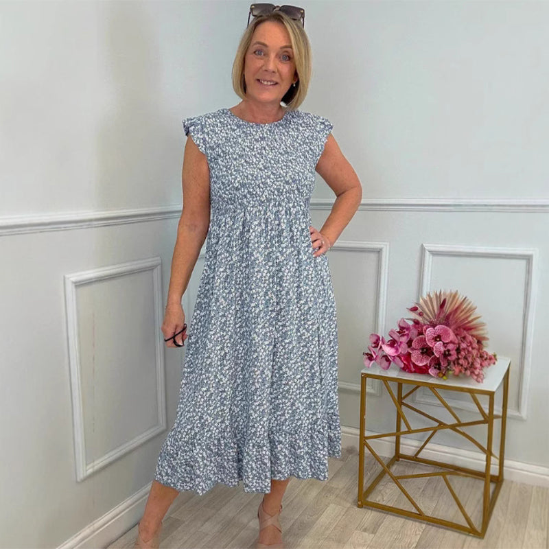 💃 Elegant blommig klänning med hög midja och manschetter för damer