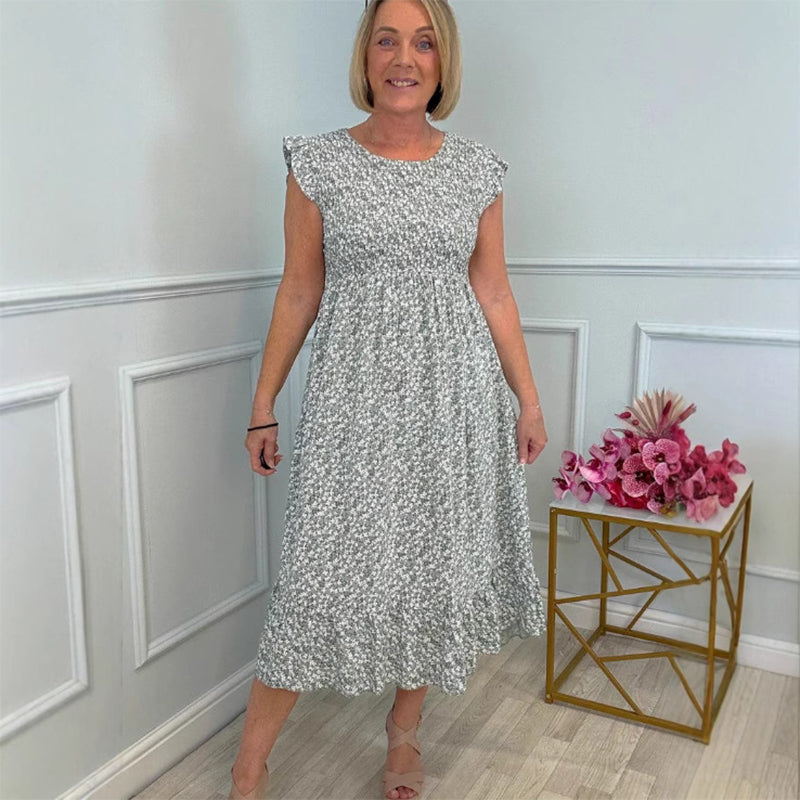 💃 Elegant blommig klänning med hög midja och manschetter för damer
